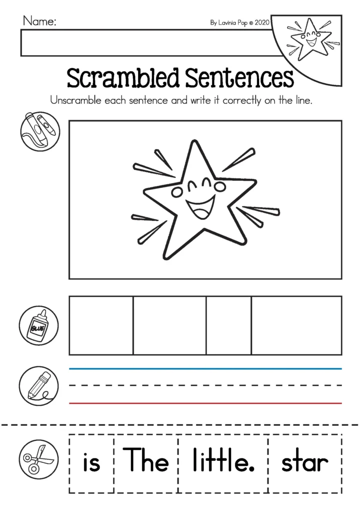 Free Twinkle Twinkle Little Star scrambled sentence cut and paste worksheet for preschool and kindergarten literacy practice, included in the free sample pack