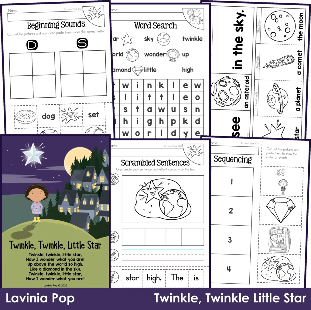 Twinkle Twinkle Little Star nursery rhyme activity packet preview including beginning sounds, word search, flip book, scrambled sentences, and sequencing worksheets