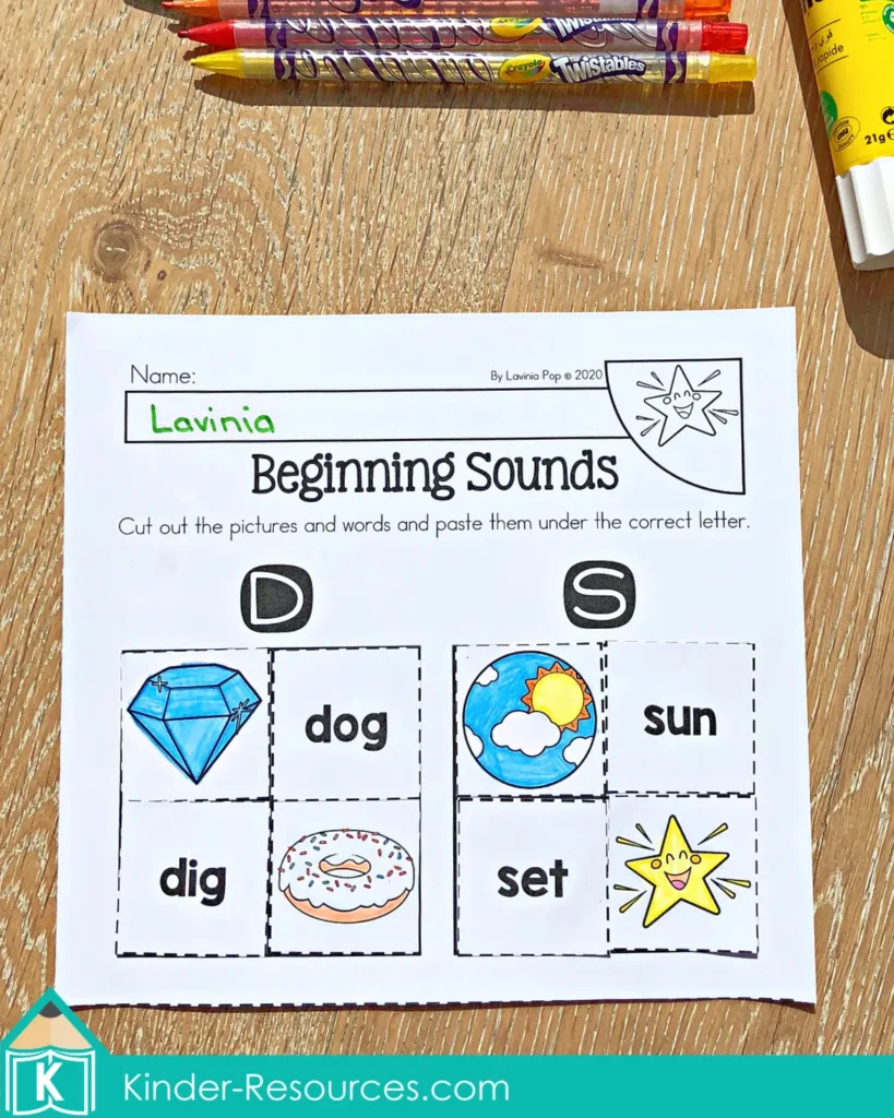Twinkle Twinkle Little Star beginning sounds cut and paste worksheet sorting pictures and words under the letters D and S for preschool and kindergarten phonics practice