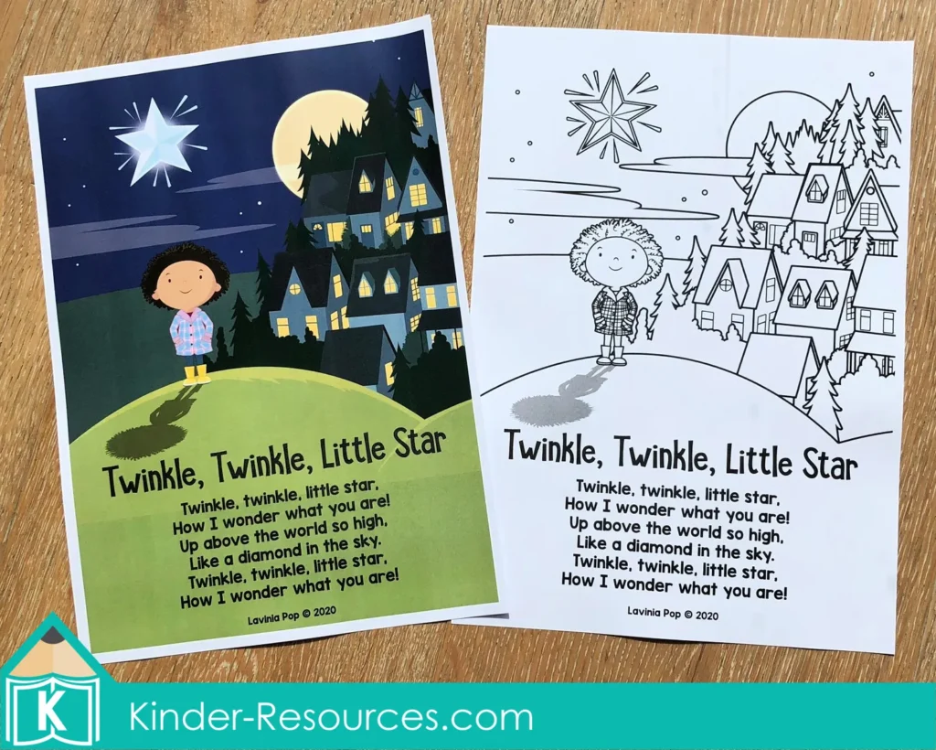 Twinkle Twinkle Little Star poster available in full color for classroom display and blackline version for student coloring and reading practice