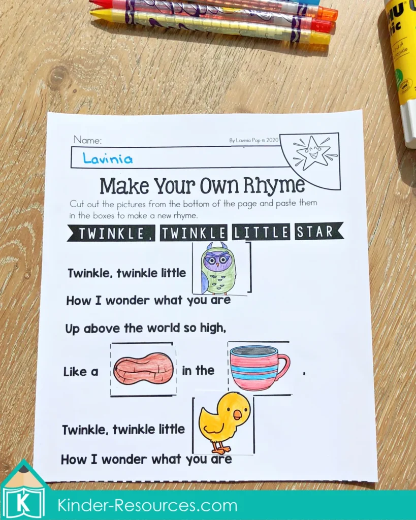 Twinkle Twinkle Little Star cut and paste worksheet where children create their own rhyme using pictures to complete the verses