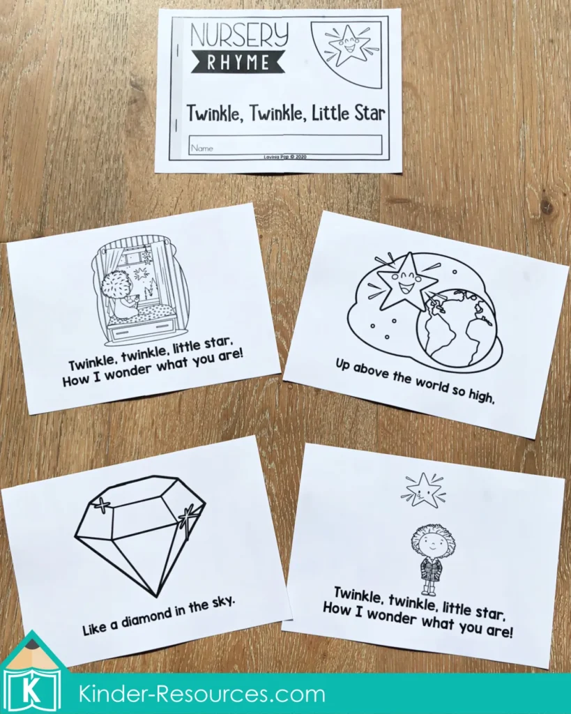 Twinkle Twinkle Little Star nursery rhyme mini book in black and white for children to read, color, and practice fluency