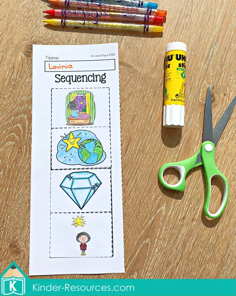 Twinkle Twinkle Little Star cut and paste sequencing worksheet with pictures of star, earth, diamond, and child to order the rhyme