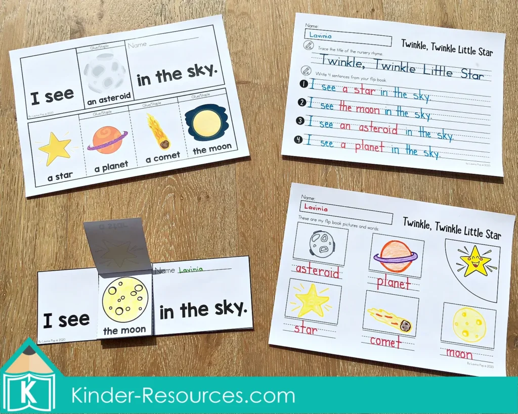 Twinkle Twinkle Little Star flip book with cut and paste pictures and writing lines for practicing sentences like “I see the moon in the sky”