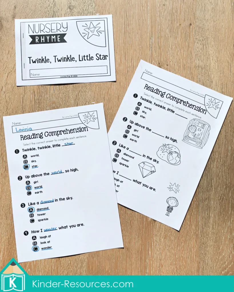Twinkle Twinkle Little Star mini book and comprehension worksheets with multiple-choice and picture support options for kindergarten