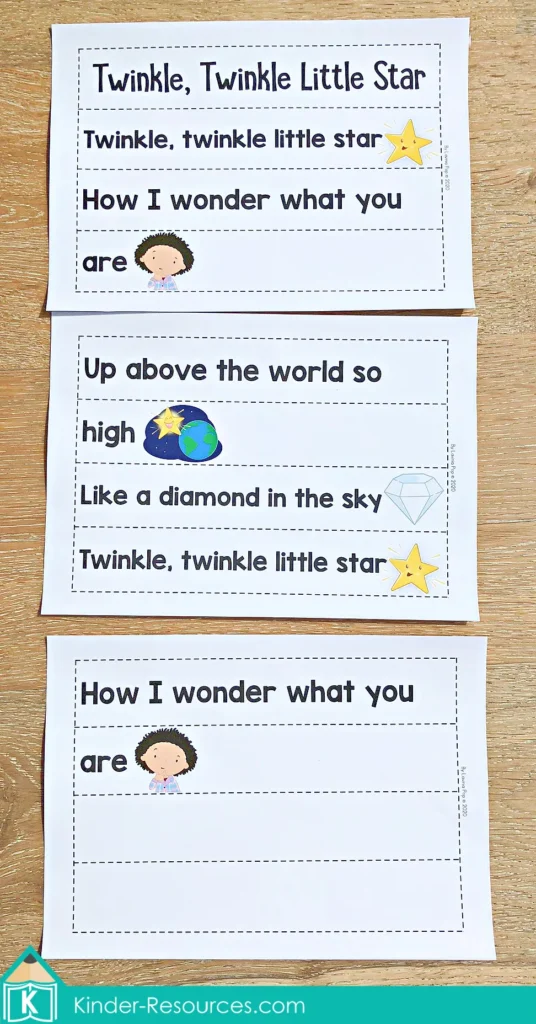 Twinkle Twinkle Little Star printable pocket chart strips for sequencing and retelling the nursery rhyme in preschool and kindergarten