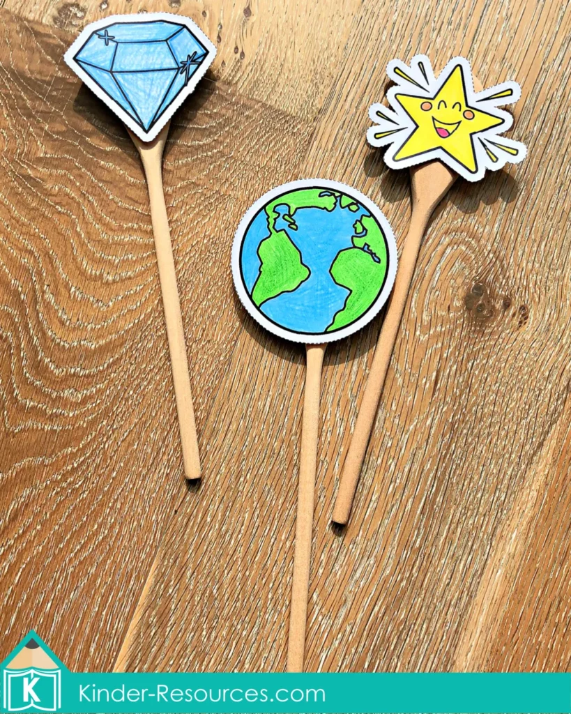 Printable Twinkle Twinkle Little Star puppets including a star, earth, and diamond on sticks for storytelling and rhyme retelling activities