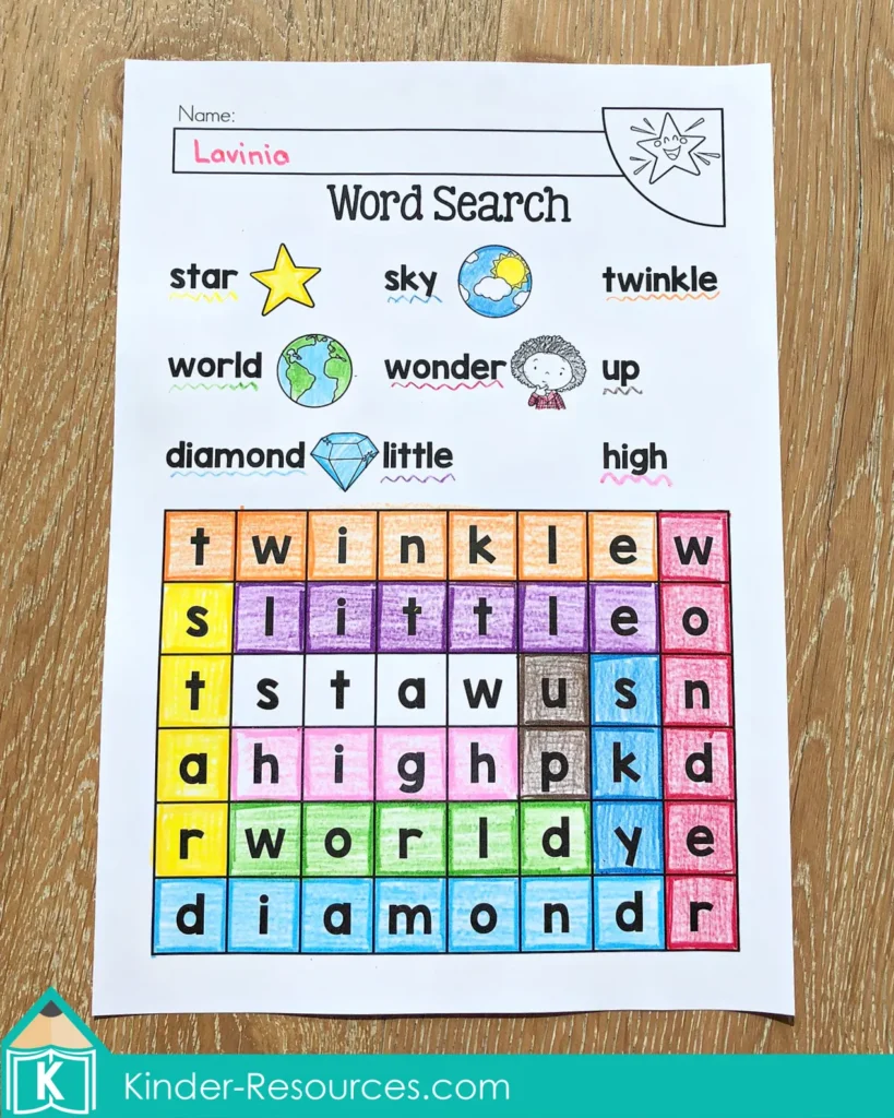 Twinkle Twinkle Little Star word search with picture clues for words like star, sky, world, and diamond, designed for preschool and kindergarten