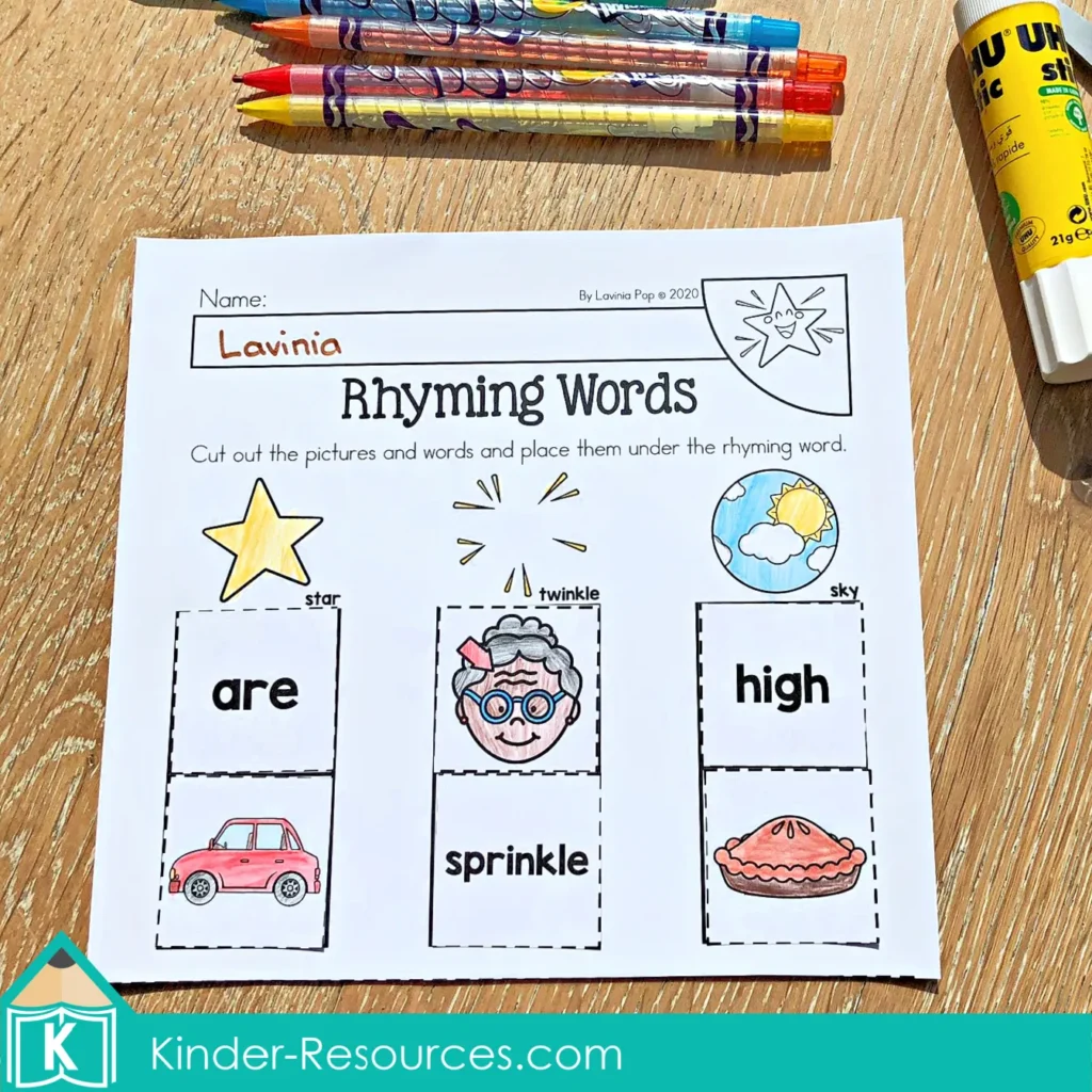 Twinkle Twinkle Little Star rhyming words cut and paste worksheet for preschool and kindergarten literacy practice
