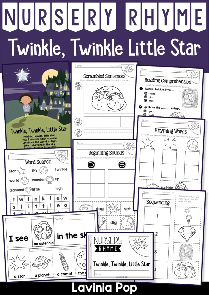 Twinkle Twinkle Little Star packet preview showing nursery rhyme poster, scrambled sentences, comprehension pages, rhyming words, beginning sounds, sequencing, mini book, and flip book worksheets