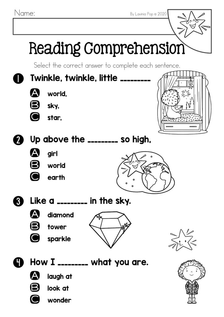 Twinkle Twinkle Little Star comprehension worksheet with multiple-choice questions and picture support for early readers