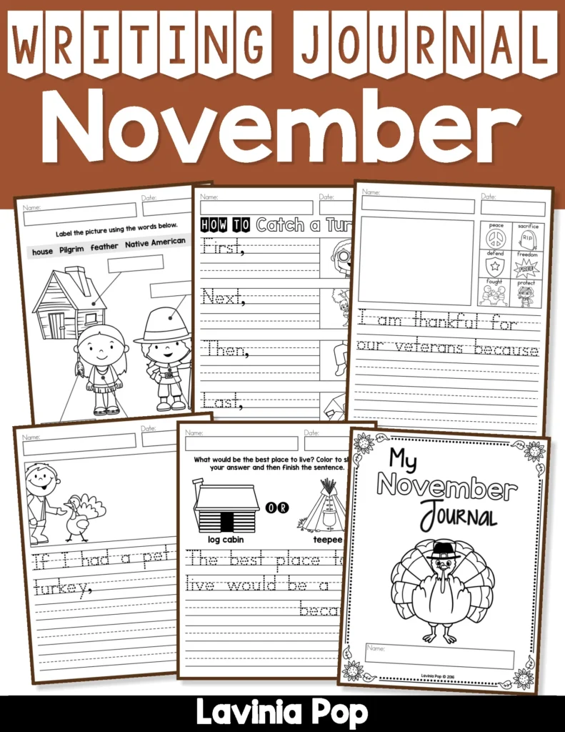 November Writing Journal with pages featuring Pilgrim labeling, How to Catch a Turkey sequencing, Veterans Day writing, and Thanksgiving opinion writing activities.