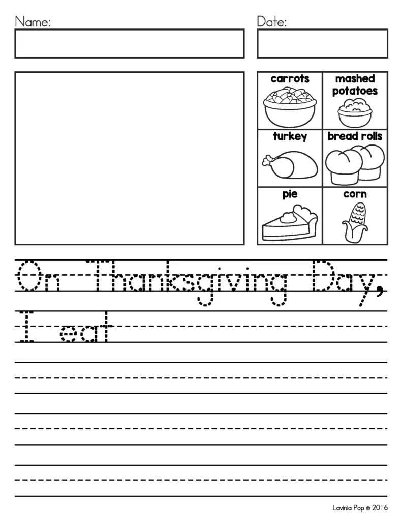 Free November Writing Journal page for On Thanksgiving Day I Eat sentence writing activity with food vocabulary boxes for student reference.