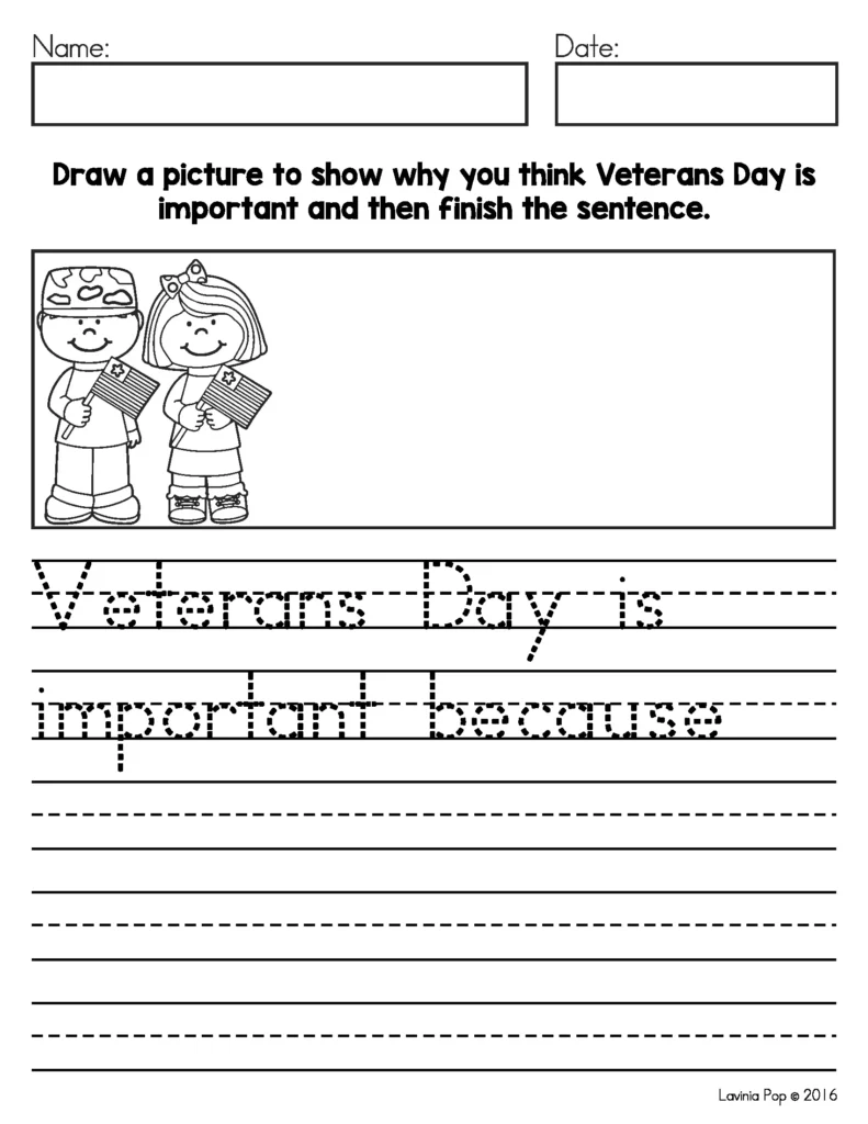 Free November Writing Journal page for Veterans Day with a draw and write activity prompting students to explain why Veterans Day is important.