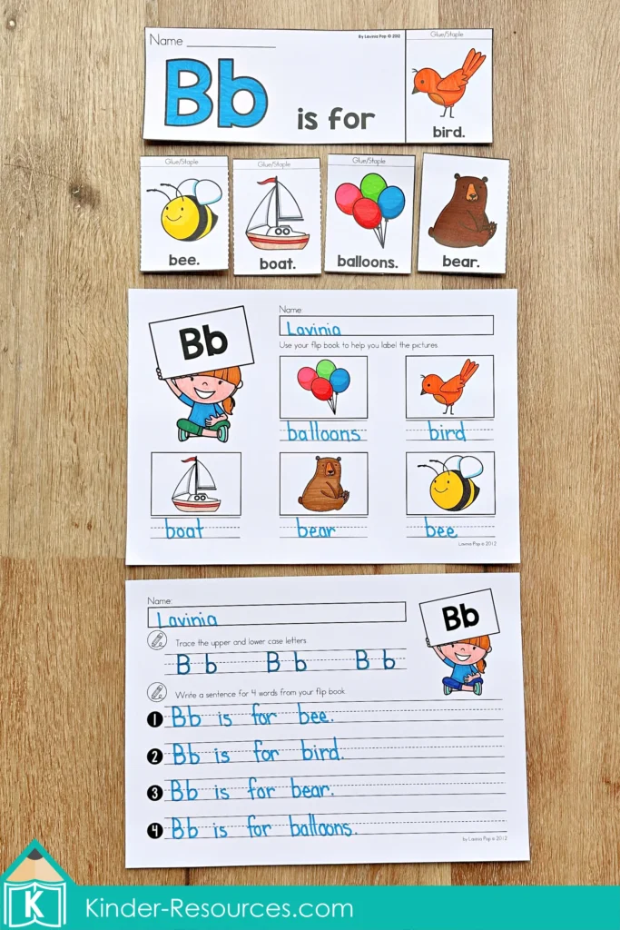 Letter B flip book including bear, boat, bee, balloons, and bird with color and blackline versions for hands-on phonics practice.
