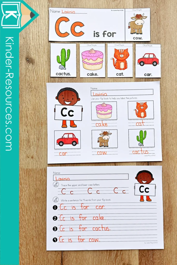 Letter C flip book featuring cactus, car, cat, cake, and cow in color and blackline options for beginning sound and vocabulary learning.