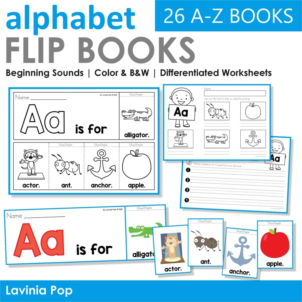 Alphabet Flip Books A–Z packet featuring letter A pages with color and blackline versions, beginning sound pictures, and differentiated worksheets for tracing and writing.