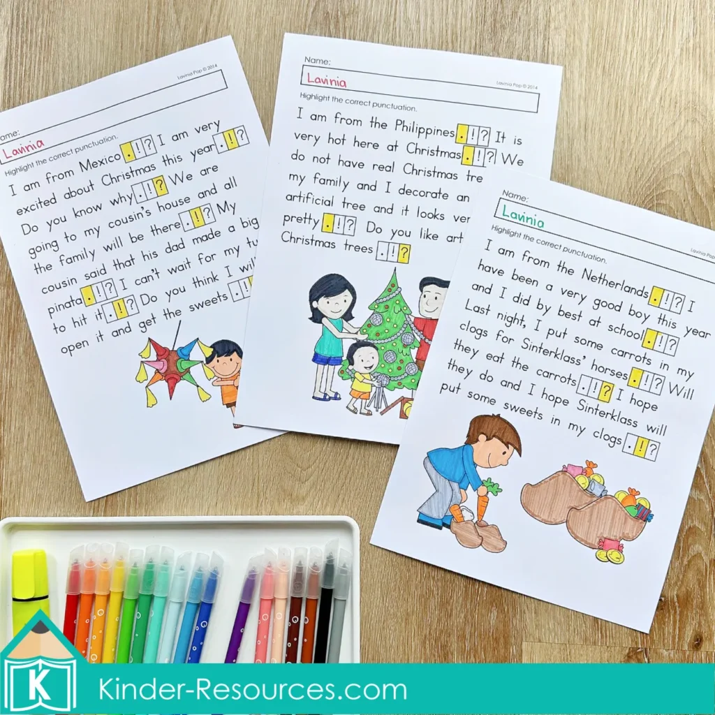Christmas Punctuation Worksheets Ending Punctuation Practice pages with passages about Mexico, the Philippines, and the Netherlands highlighted with correct punctuation.