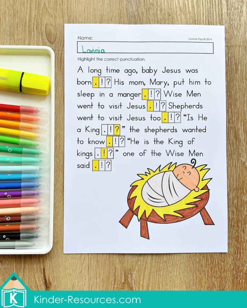 Christmas Punctuation Worksheets Ending Punctuation Practice page with a Nativity themed passage for students to highlight ending punctuation.