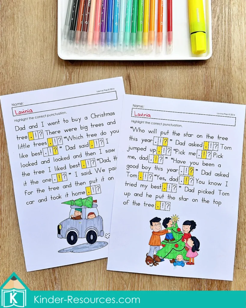 Christmas Punctuation Worksheets Ending Punctuation Practice pages featuring passages about buying a Christmas tree and decorating it as a family.