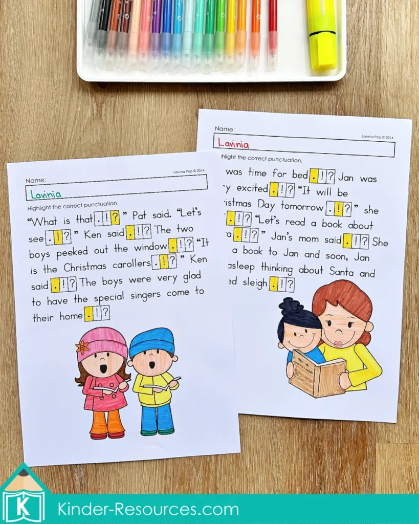 Christmas Punctuation Worksheets Ending Punctuation Practice pages with passages about Christmas carolers and a bedtime Christmas story.