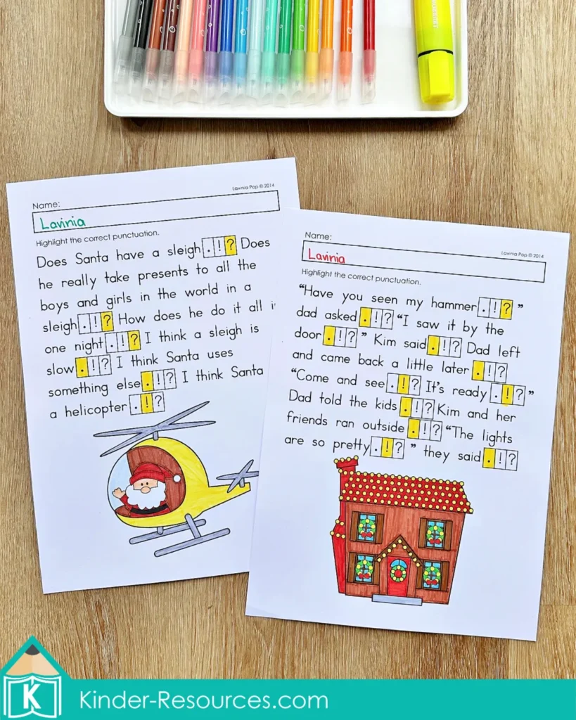 Christmas Punctuation Worksheets Ending Punctuation Practice pages with passages about Santa in a helicopter and looking at Christmas lights.
