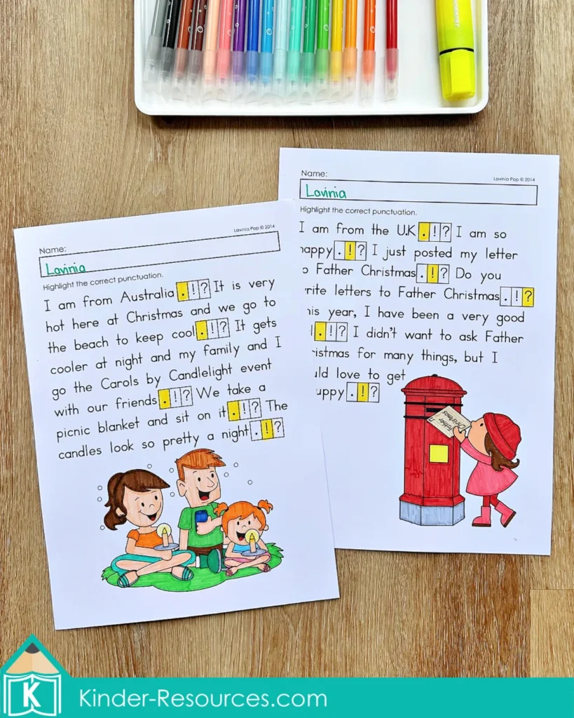 Christmas Punctuation Worksheets Ending Punctuation Practice pages with passages about Christmas in Australia and posting a letter to Father Christmas in the UK.
