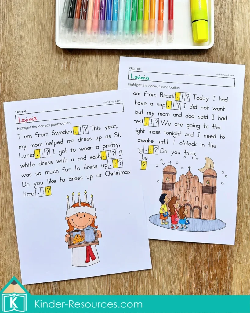 Christmas Punctuation Worksheets Ending Punctuation Practice pages featuring passages about Christmas in Sweden and Christmas celebrations in Brazil.