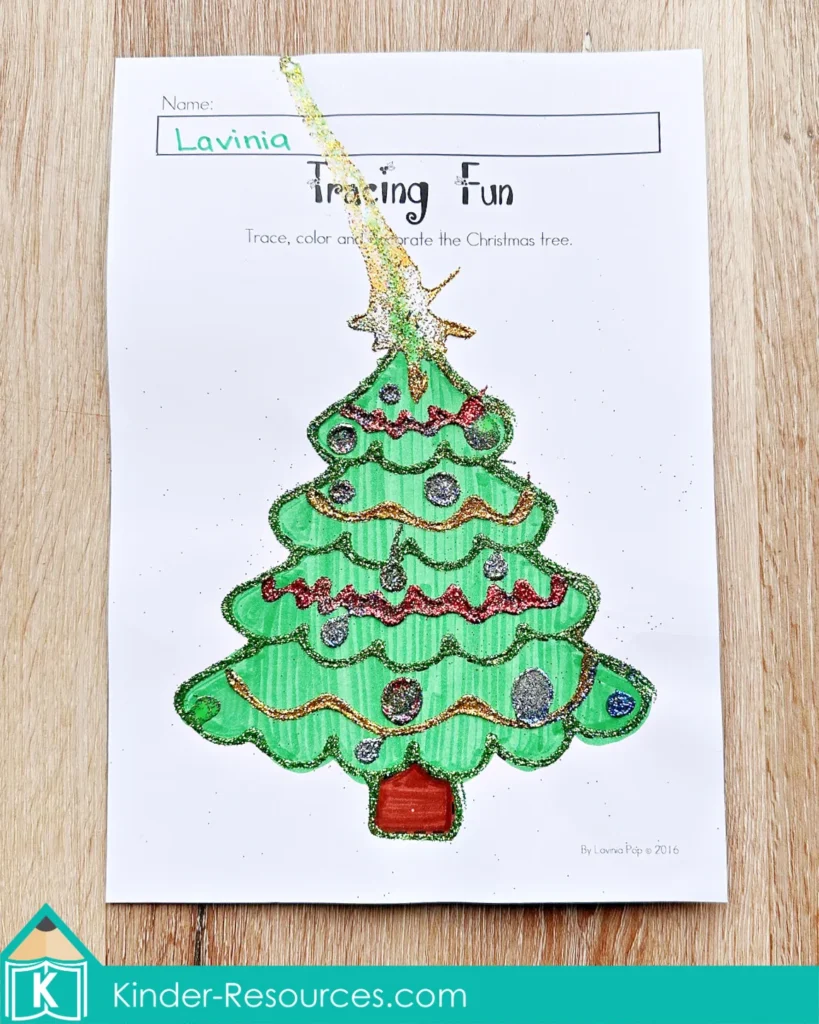 Christmas Worksheets for Preschool Christmas tree tracing and decorating worksheet