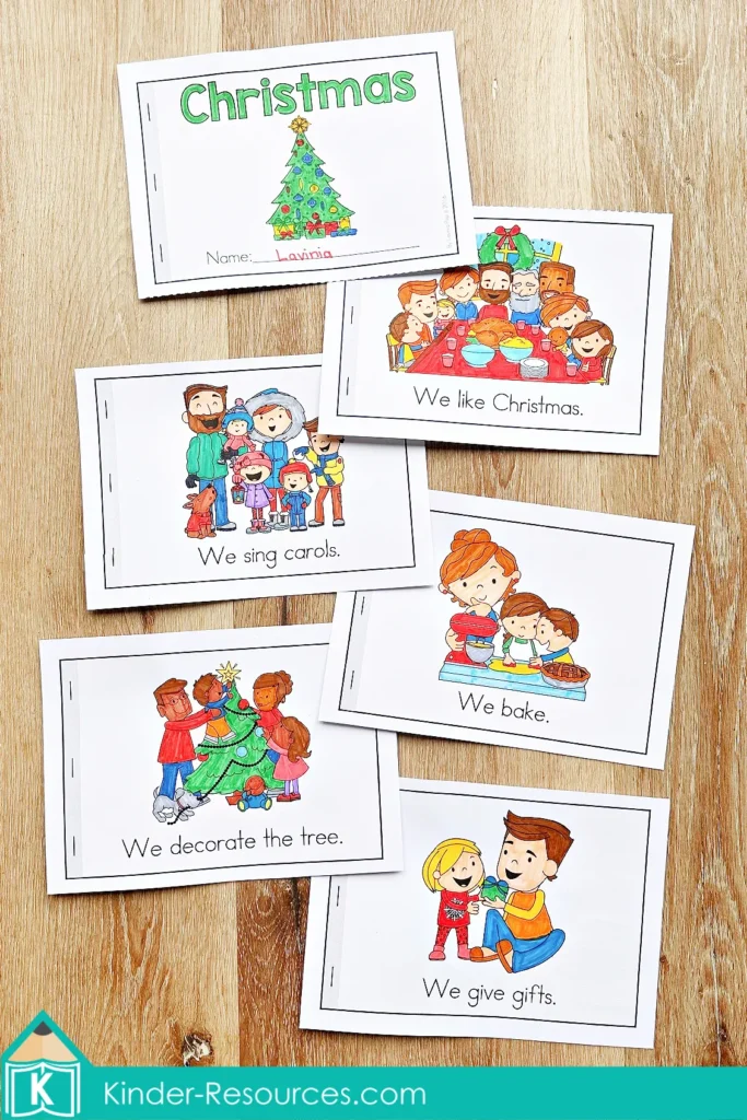 Emergent reader pages from Christmas Preschool Worksheets and Activities No Prep including simple sentences about Christmas activities