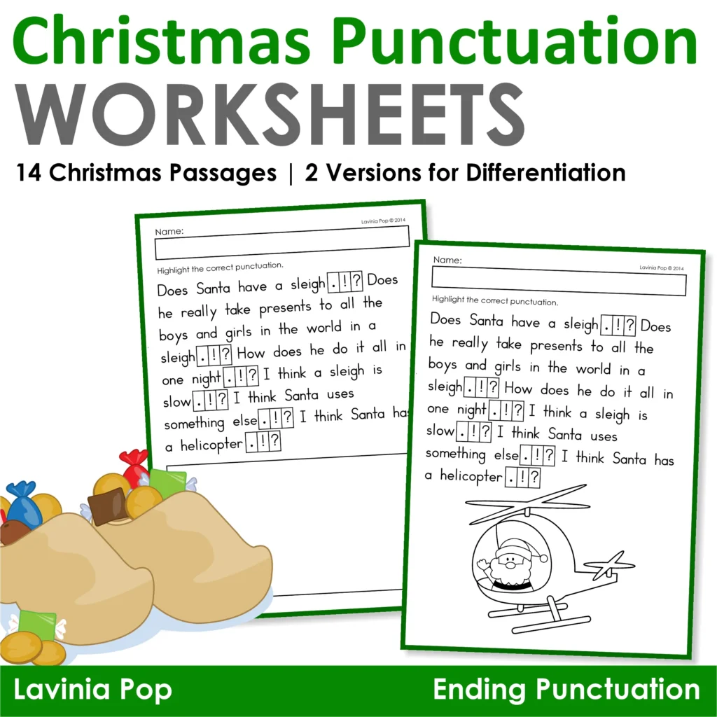 Christmas Punctuation Worksheets cover with two ending punctuation passages for kids to highlight the correct punctuation.