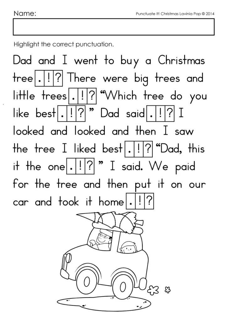 Christmas Punctuation Worksheets page with a reading passage about buying a Christmas tree for students to choose the correct ending punctuation.