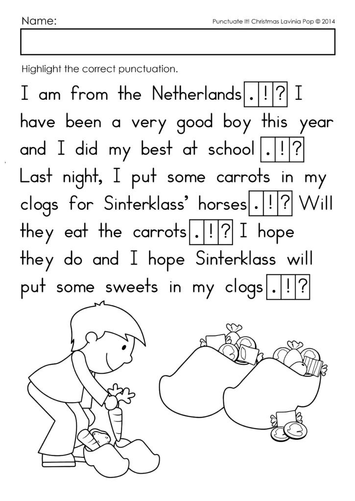Christmas Punctuation Worksheets page with a reading passage about Christmas traditions in the Netherlands and a child filling clogs with carrots for Sinterklaas.