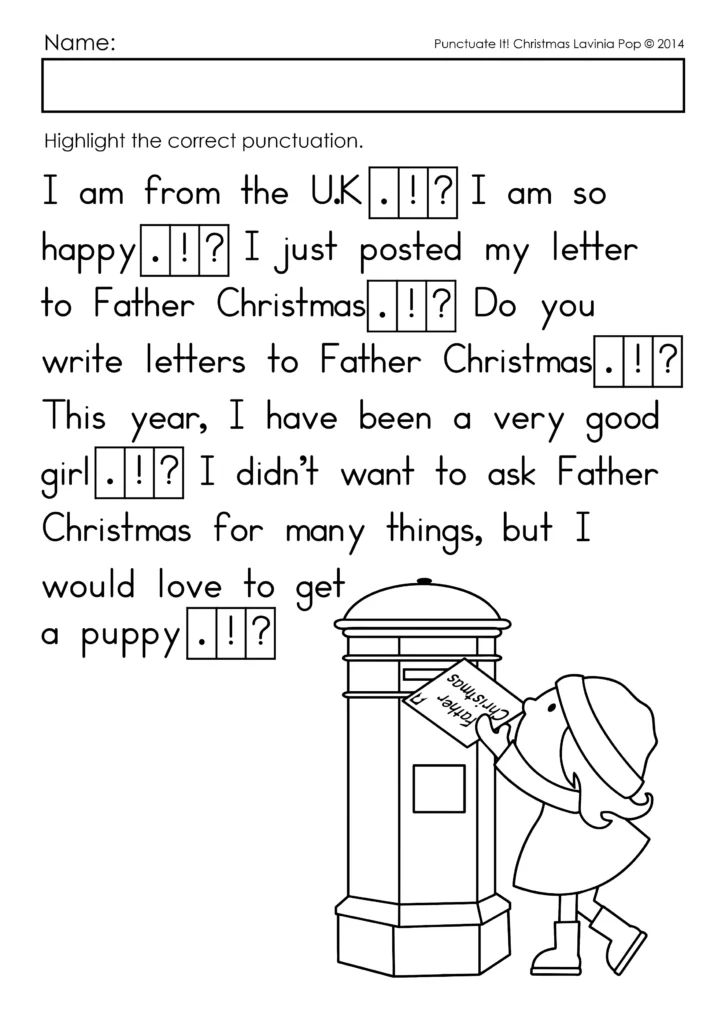Christmas Punctuation Worksheets page with a reading passage about posting a letter to Father Christmas for students to select the correct ending punctuation.