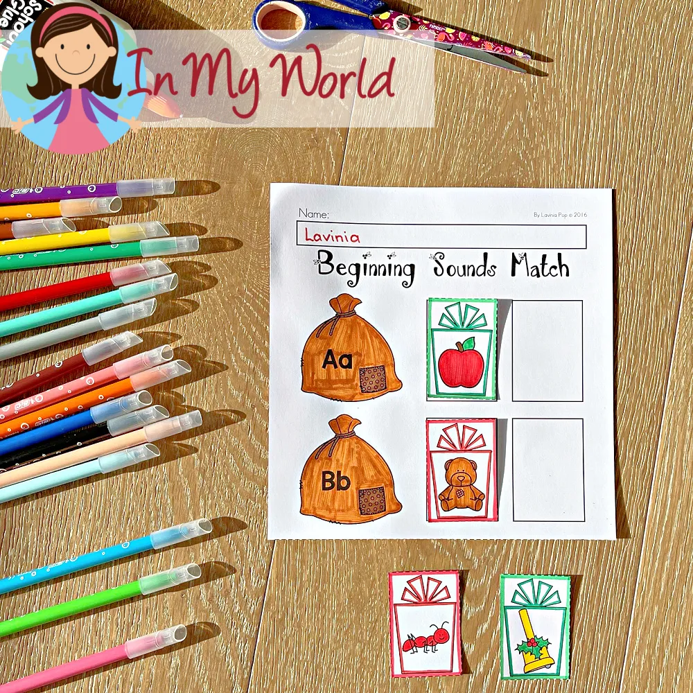 Christmas Worksheets for Preschool beginning sounds match page with gift pictures and letter bags