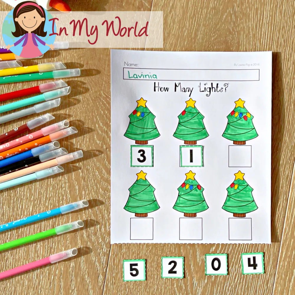 Christmas Worksheets for Preschool counting Christmas lights worksheet with number cards