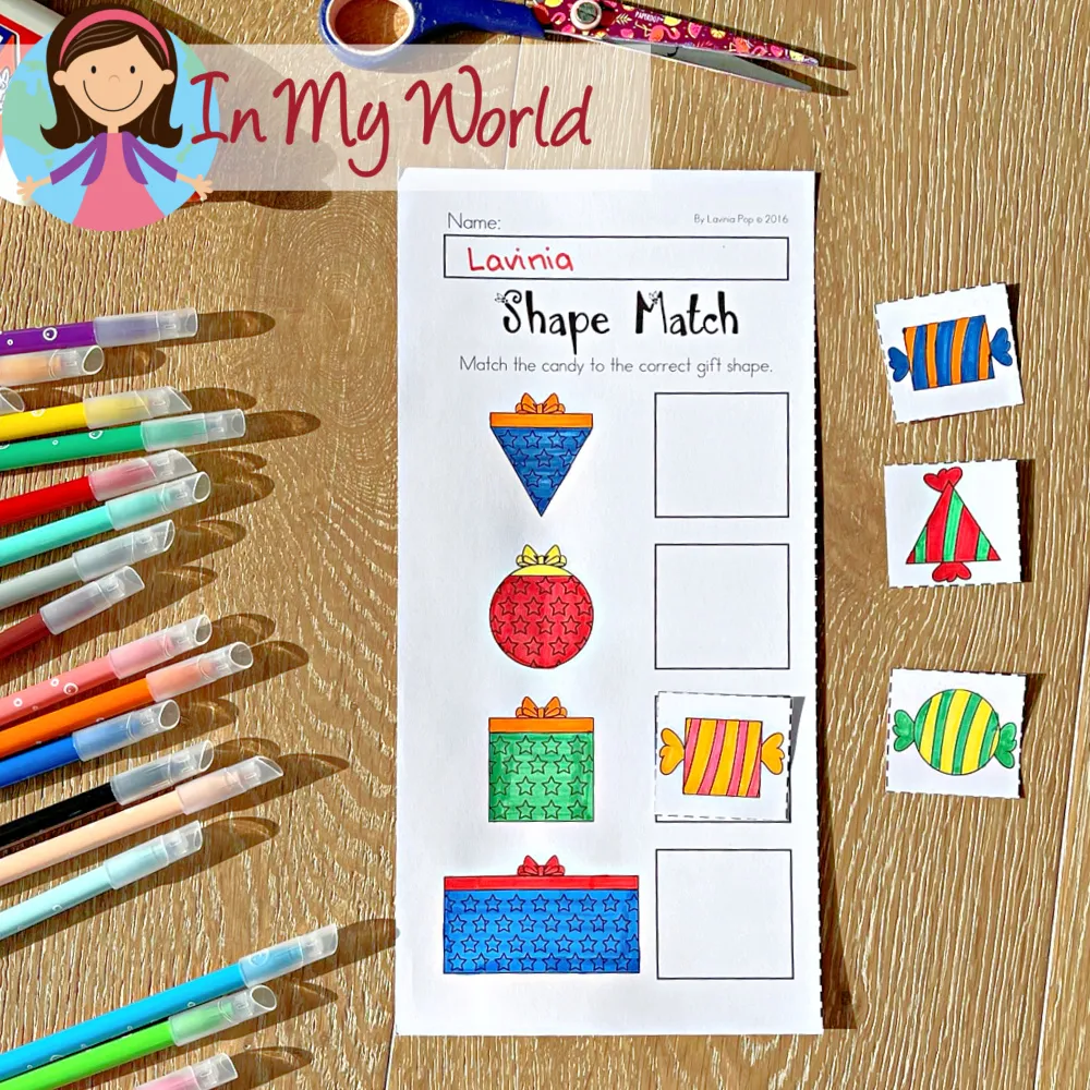 Christmas Worksheets for Preschool Shape Matching Worksheet Alt Text: Christmas Worksheets for Preschool shape matching worksheet with Christmas gifts and candy shapes