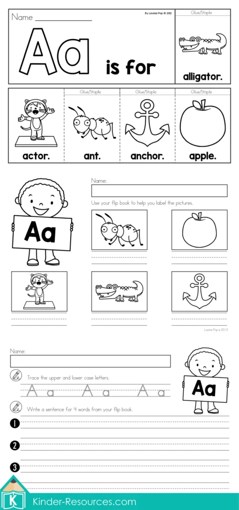 FREE Printable letter A flip book for preschool and kindergarten featuring actor, ant, anchor, apple, and alligator with color and blackline options.