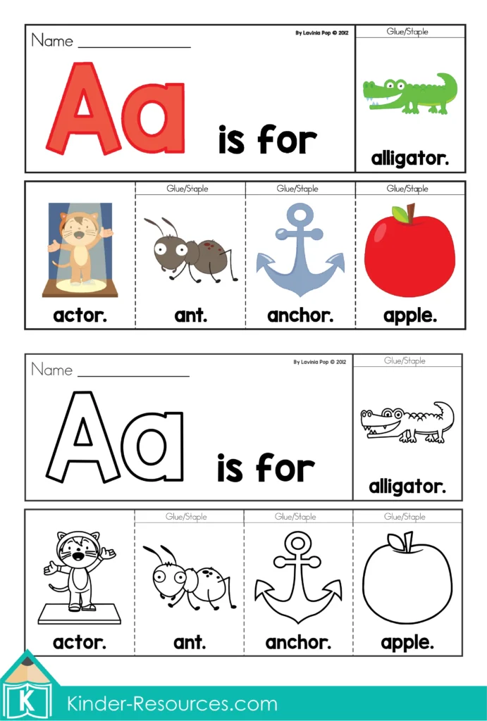 Letter A Alphabet Flip Book with words ant, apple, alligator, anchor, and actor plus tracing and sentence writing worksheets for beginning sounds.