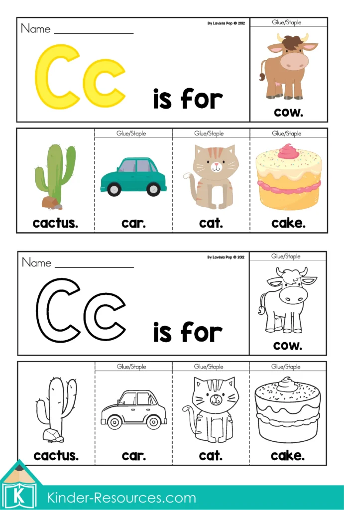 Letter C Alphabet Flip Book with words cactus, car, cat, cake, and cow plus differentiated worksheets for labeling and handwriting practice.