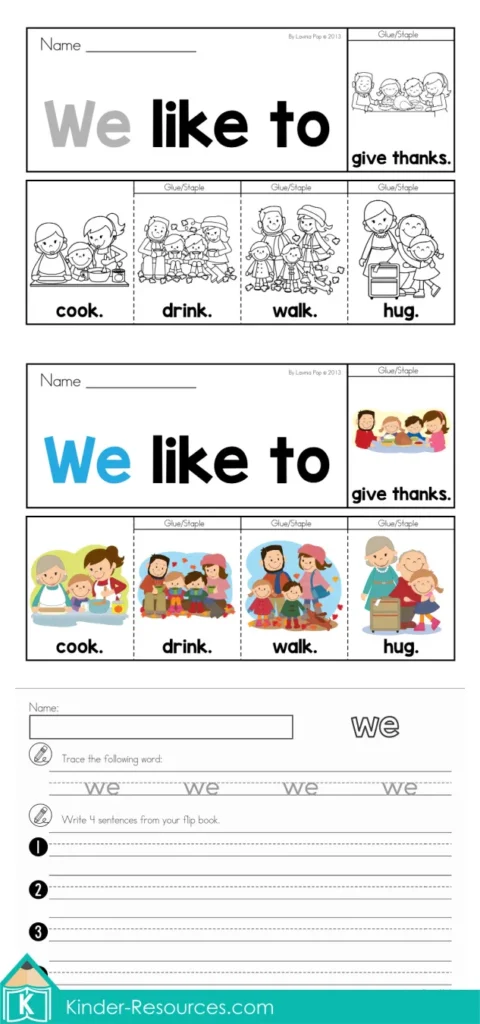 Free Thanksgiving Sight Word Fluency Flip Book for preschool and kindergarten featuring the sentence “We like to” with Thanksgiving activities like cook, hug, and play.