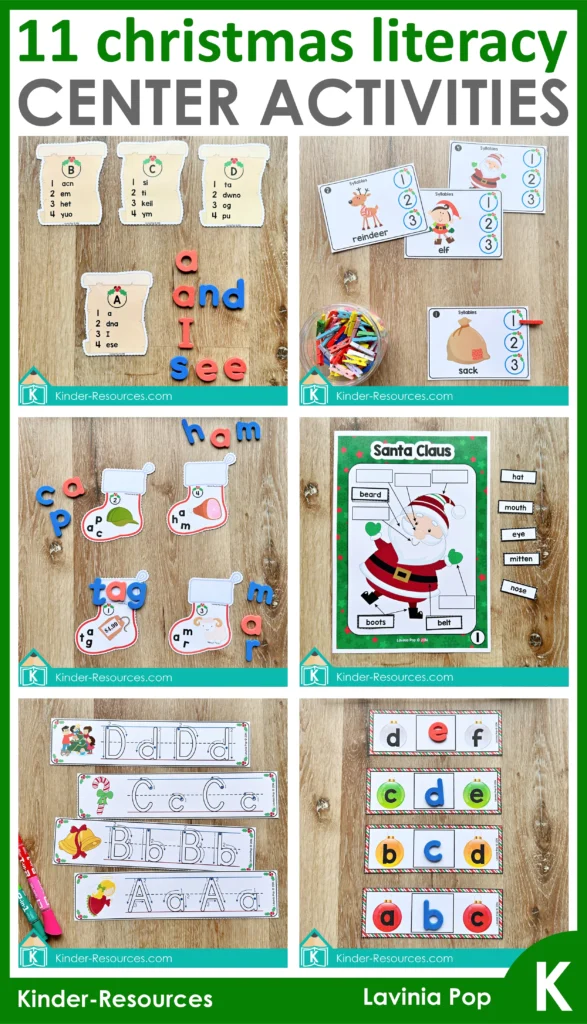 Christmas Literacy Centers for Kindergarten long collage with 11 literacy center activities such as syllables, CVC words, labeling Santa, tracing alphabet, sorting letters, and building words