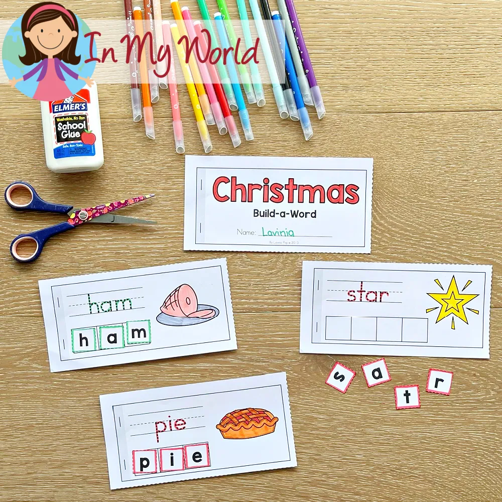 Christmas Kindergarten Worksheets and Activities build a word booklet with Christmas themed vocabulary including ham, star, and pie