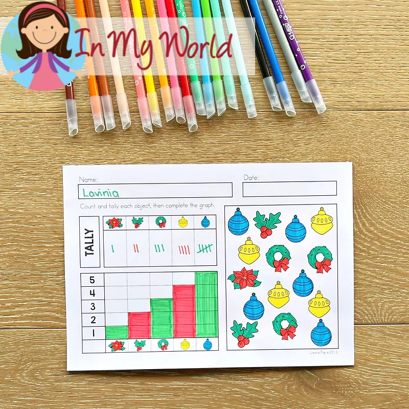 Christmas Kindergarten Worksheets and Activities tally and graph worksheet with Christmas themed objects for data representation practice.