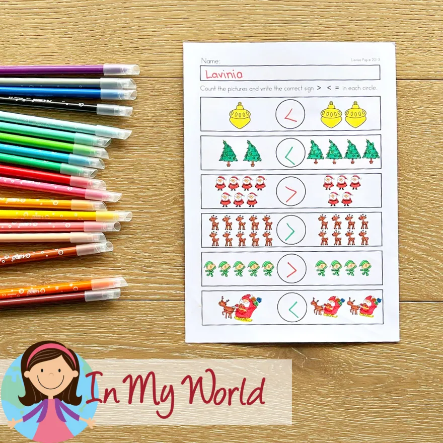Christmas Kindergarten Worksheets and Activities comparing quantities worksheet using Christmas pictures to practice greater than and less than.