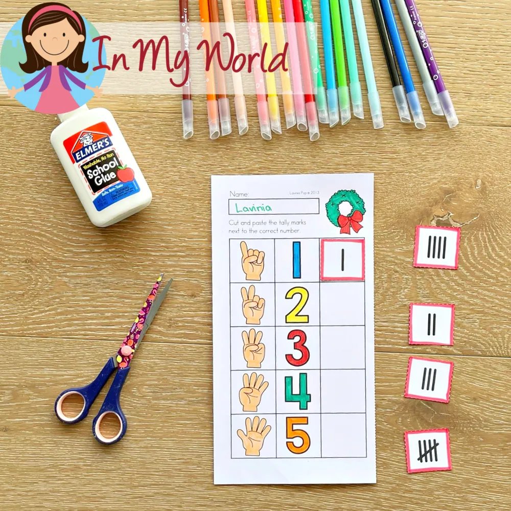 Christmas Kindergarten Worksheets and Activities cut and paste tally mark worksheet matching tally marks to numbers using hand counting visuals