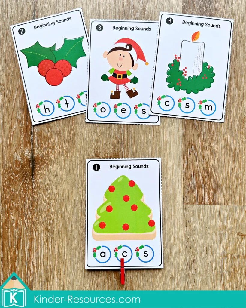 Beginning sounds picture cards for Christmas Literacy Centers for Kindergarten featuring words holly elf candle and tree