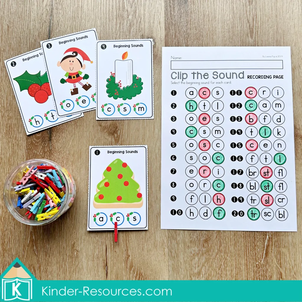 Beginning sounds activity for Christmas Literacy Centers for Kindergarten including a recording sheet and picture cards for sound identification