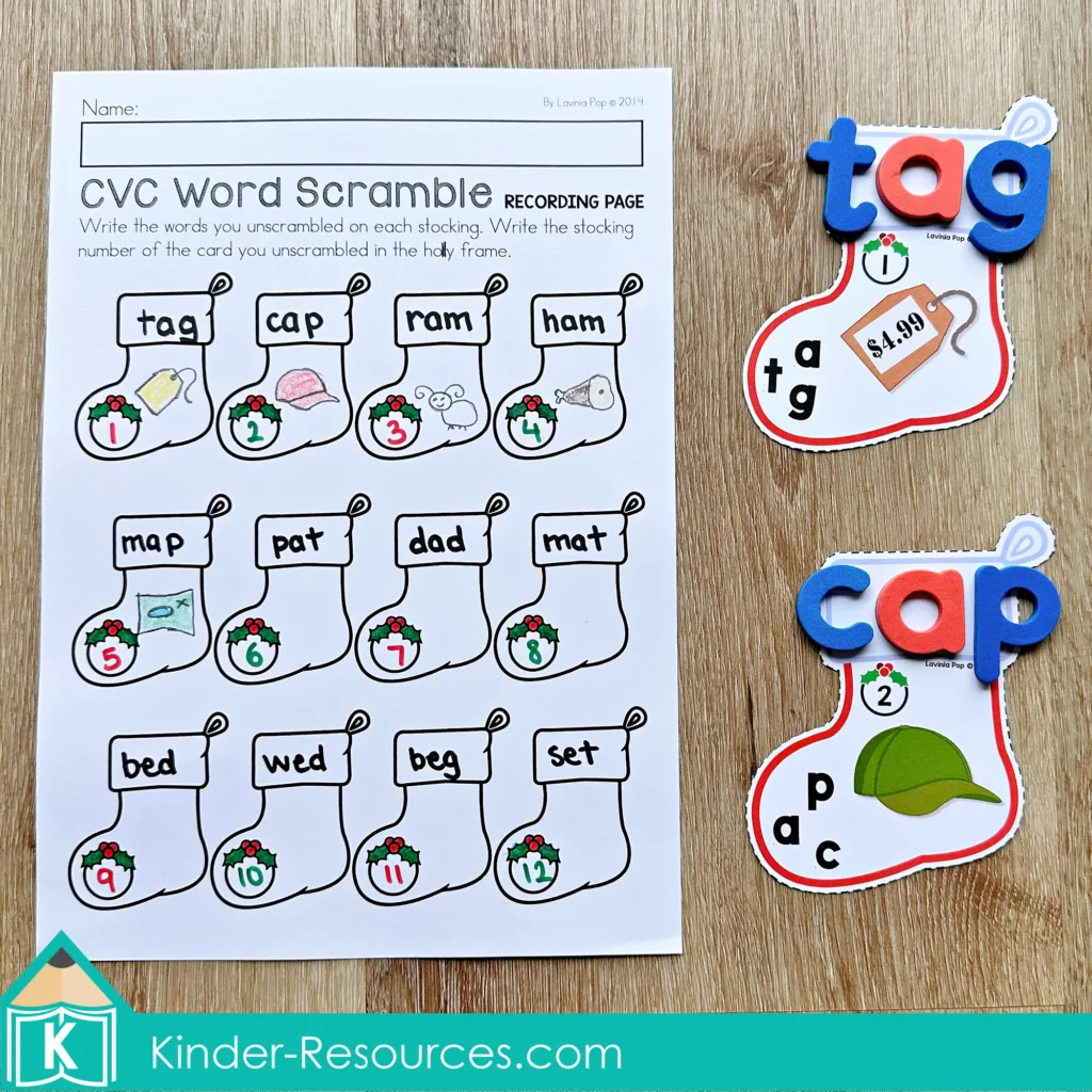 CVC word scramble worksheet for Christmas Literacy Centers for Kindergarten featuring stocking words like tag cap ram ham map pat dad mat bed wed beg set