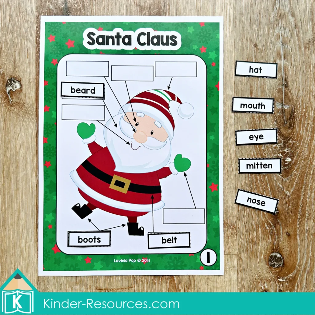 Santa labeling activity for Christmas Literacy Centers for Kindergarten including vocabulary words beard hat mouth eye mitten nose boots belt